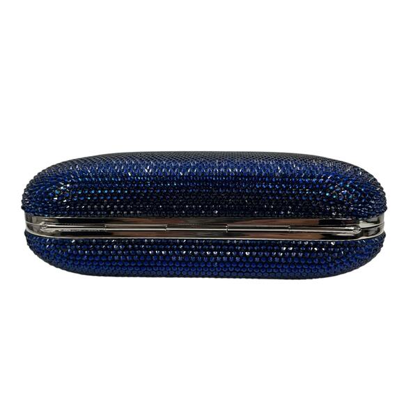 Judith Leiber Crystal Slide Lock Box Minaudiere Clutch Bag Navy Silver - Picture 7 of 13